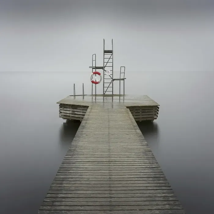 Framed Print : Wooden jetty with diving platform and lifebelt at lake Sommen, foggy, Nora, Sweden, Europe Framed Print : Wooden jetty with diving platform and lifebelt at lake Sommen, foggy, Nora, Sweden, Europe