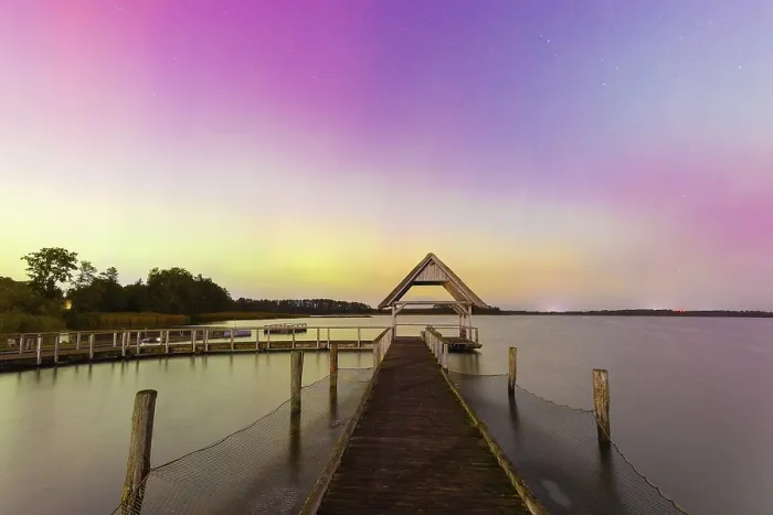 Framed Print : Wooden jetty and Northern Lights