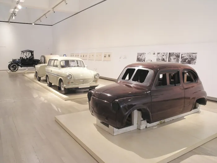 Framed Print : Wooden model of a Fiat 600 and a Trabant with a trailer