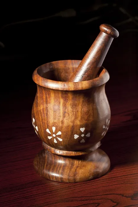 Framed Print : Wooden mortar and pestle on dark wood background