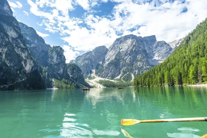 Framed Print : Wooden oar rowing on the turquoise water of lake braies