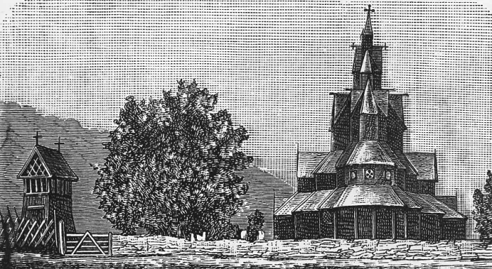 Framed Print : Wooden stave church in a valley, Norwegian architecture since the 11th century, wooden fence as enclosure, vertical construction, tree, Norway, historical illustration 1888, Europe