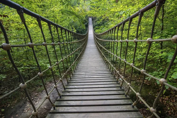 Framed Print : Wooden suspension bridge over a gorge