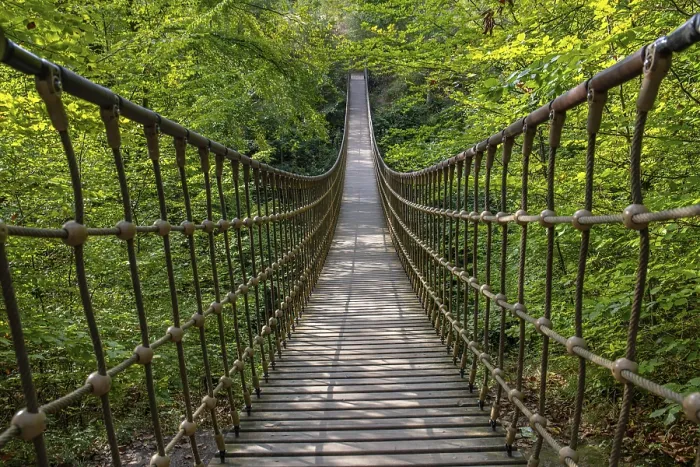 Framed Print : Wooden suspension bridge over a gorge