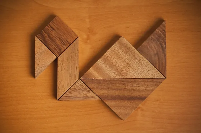 Framed Print : A wooden tangram puzzle arranged to resemble a bird