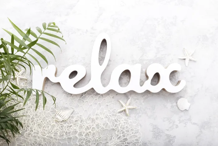 Framed Print : Word relax and sea shells, summer holidays concept flat lay