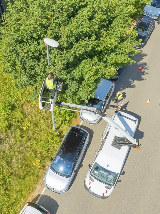 Framed Print : Worker in an aerial work platform cuts branches on a tree next to cars