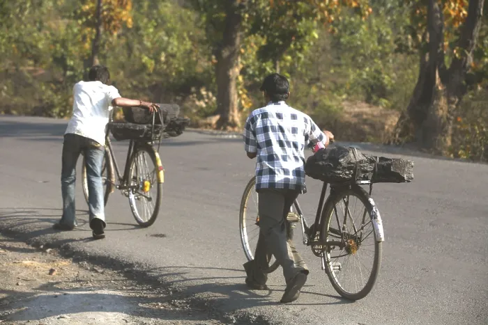 Framed Print : Workers from coal mine carrying lump of coal loaded back seat of bicycles in Jharkhand