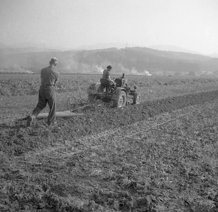 Framed Print : Workers plough the field with a tractor