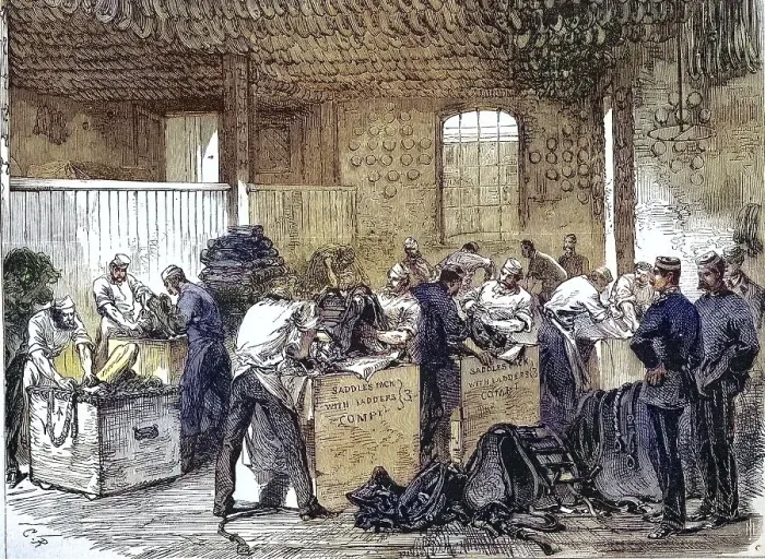 Framed Print : Workers at Woolwich Arsenal prepare to equip the cavalry for the Abyssinia Expedition