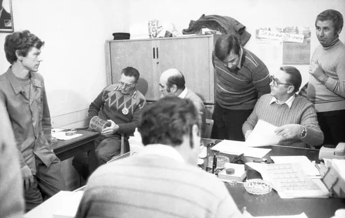 Framed Print : Workers and their works council reacted to the management's intention to stop work at Enka AG in Kassel in 1982 Framed Print : Workers and their works council reacted to the management's intention to stop work at Enka AG in Kassel in 1982