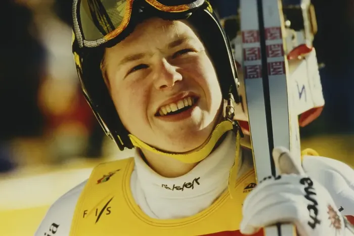 Framed Print : World Cup, Ski Jumping, portrait of ski jumper Andreas Goldberger (AUT), at the Ski Jumping World Cup with a smile, 1997, Germany, Europe