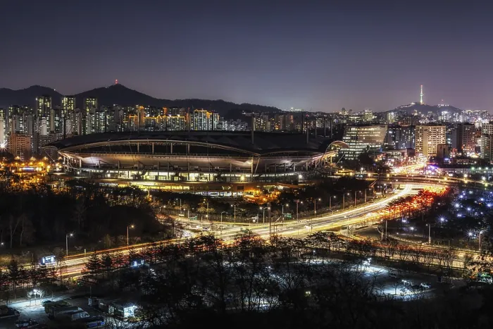 Framed Print : World cup stadium in mapo province of seoul taken at night during rushhour Framed Print : World cup stadium in mapo province of seoul taken at night during rushhour