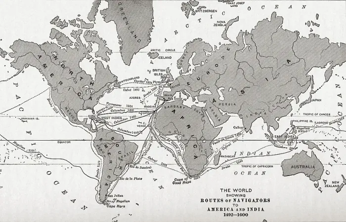 Framed Print : World Map showing routes of navigators to America and India