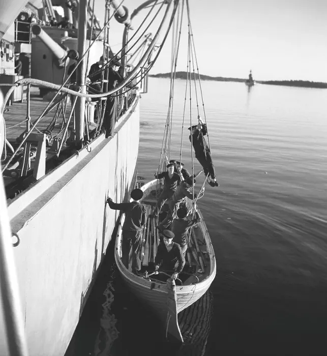 Framed Print : During World war II. The war ship Sverige during navy exercises at sea. The life boat is being fitted and has been lowered down in the water. Sweden june 1940. Kristoffersson ref 141