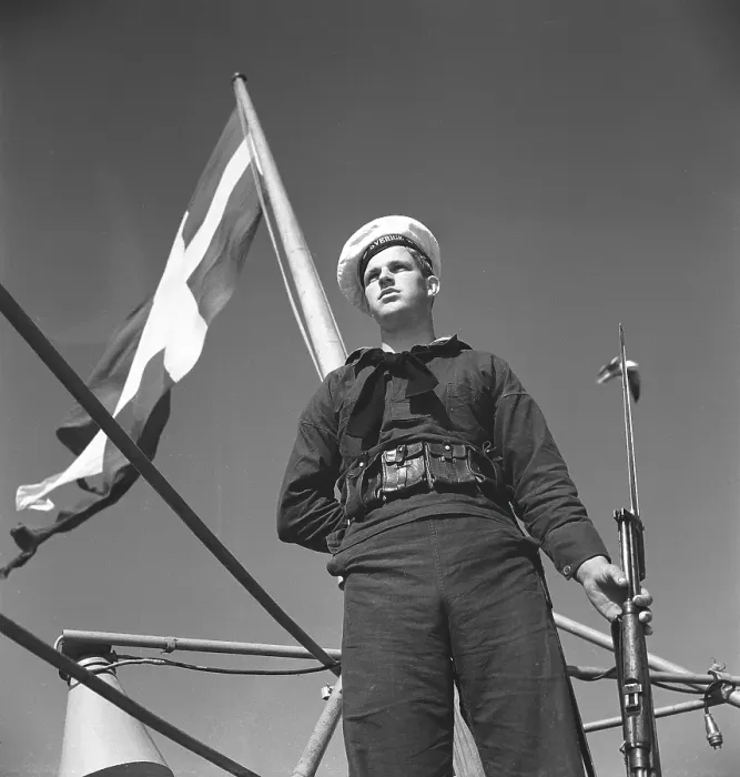 Framed Print : During World war II. The war ship Sverige during navy exercises at sea