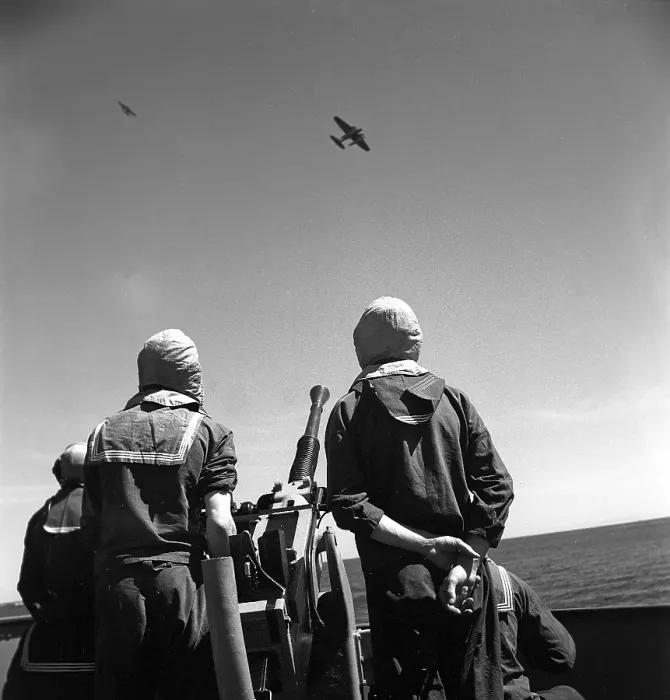 Framed Print : During World war II. The war ship Sverige during navy exercises at sea