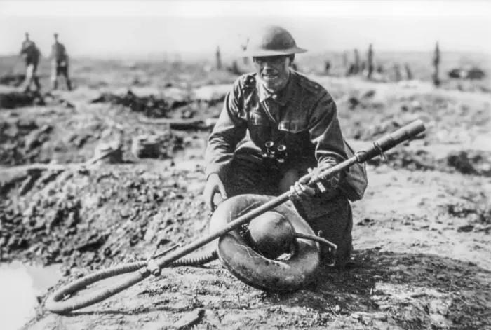 Framed Print : WWI Australian soldier with captured Wechselapparat