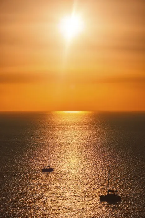 Framed Print : Yacht boats silhouettes in Aegean sea on sunset