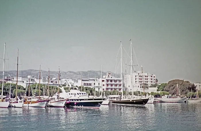 Framed Print : Yachts moored in the harbour, Kos, Greece 1970s