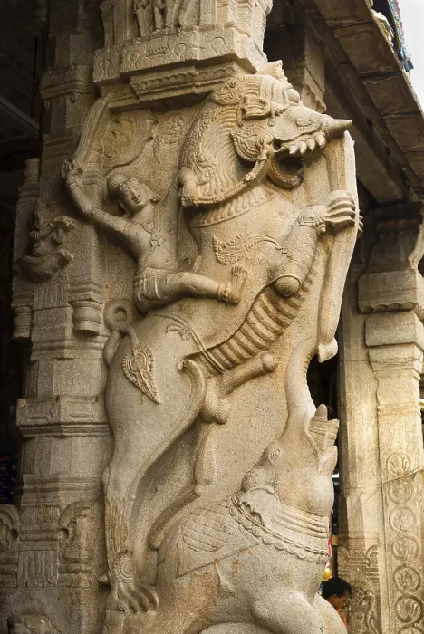 Framed Print : Yali and elephant sculptures in rangavilas mandap in sri ranganatha temple