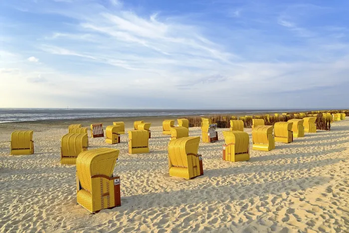 Framed Print : Yellow beach chairs in the evening light at the beach of Cuxhaven-Dose Framed Print : Yellow beach chairs in the evening light at the beach of Cuxhaven-Dose