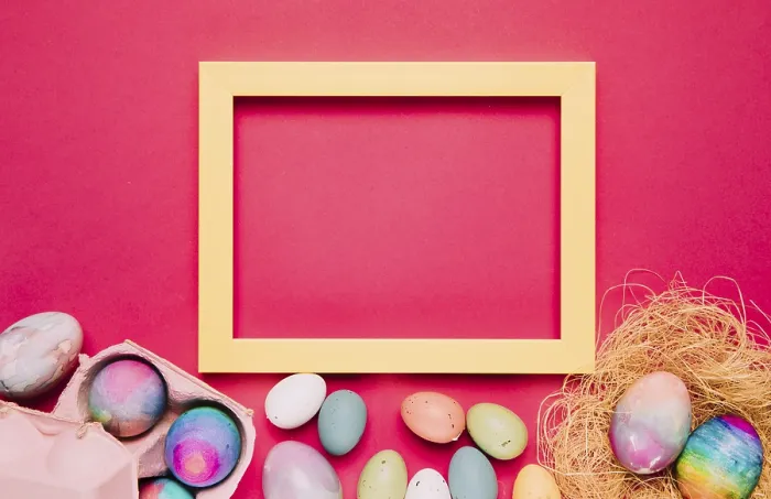 Framed Print : Empty yellow frame with colorful easter eggs pink background Framed Print : Empty yellow frame with colorful easter eggs pink background