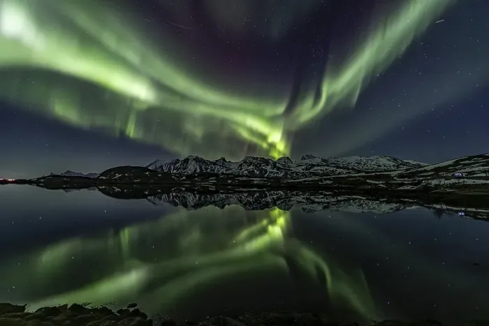 Framed Print : Yellow and green northern lights reflected in fjord
