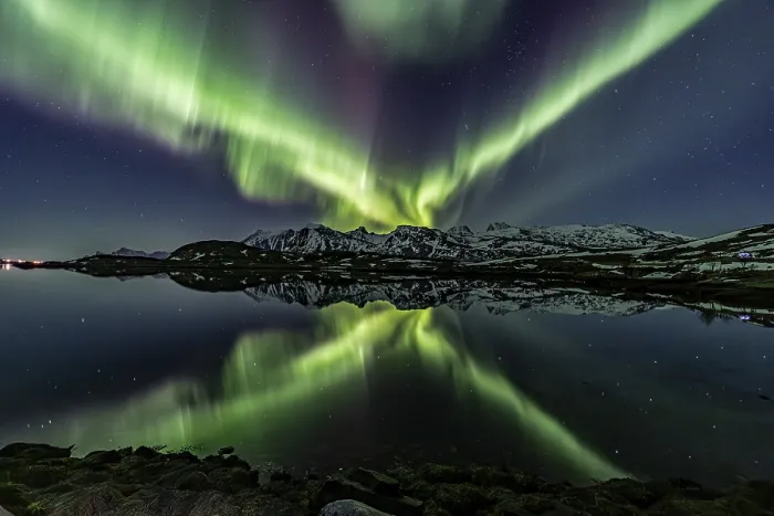 Framed Print : Yellow and green northern lights reflected in fjord