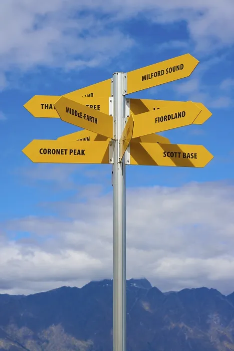 Framed Print : Yellow signposts with various destinations against a backdrop of blue sky and mountains