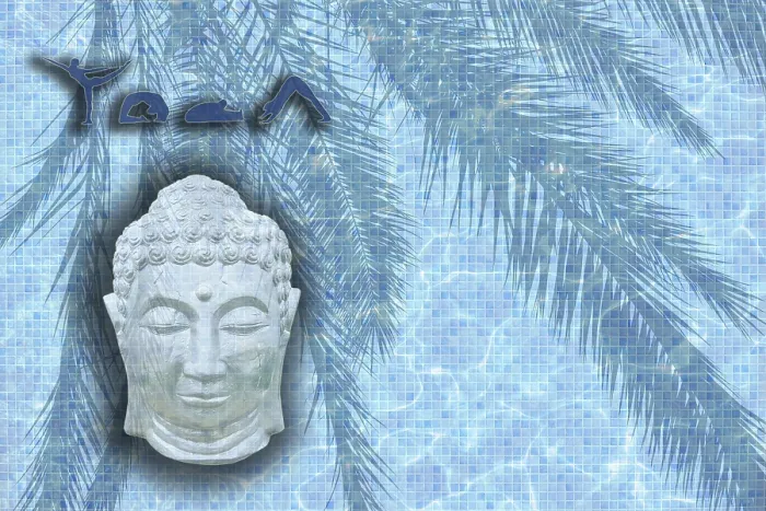 Framed Print : Yoga word with figures in poses and sleeping Buddha head on blue pool mosaic texture