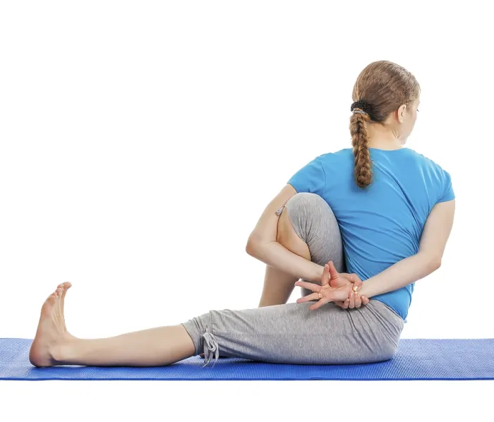 Framed Print : Yoga, young beautiful slender woman yoga instructor doing Forward Bends Sage Twist C pose (Marichyasana C)