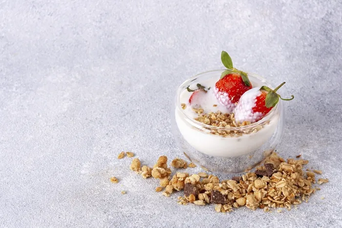 Framed Print : Yogurt with granola and strawberries, copy space Framed Print : Yogurt with granola and strawberries, copy space