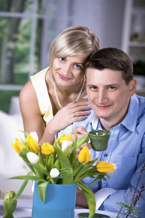 Framed Print : Young couple in the living room Framed Print : Young couple in the living room