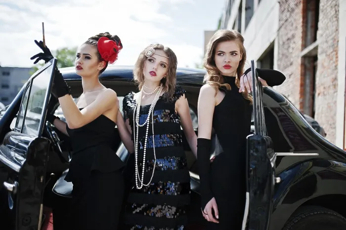 Framed Print : Three young girl in retro style dress near old classic vintage cars Framed Print : Three young girl in retro style dress near old classic vintage cars