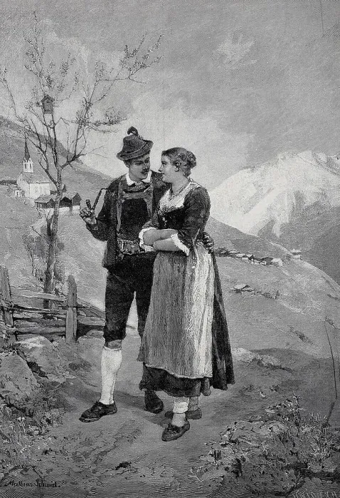 Framed Print : Young lovers walking in the mountains in spring