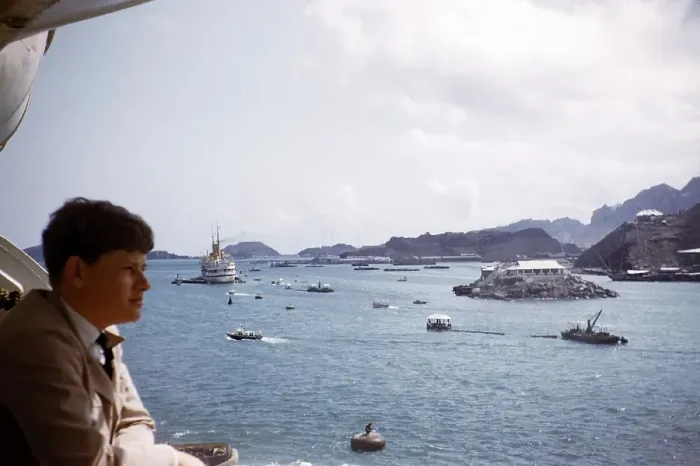 Framed Print : Young man looking at the harbour from a ship in Aden, Yemen 1956 Framed Print : Young man looking at the harbour from a ship in Aden, Yemen 1956