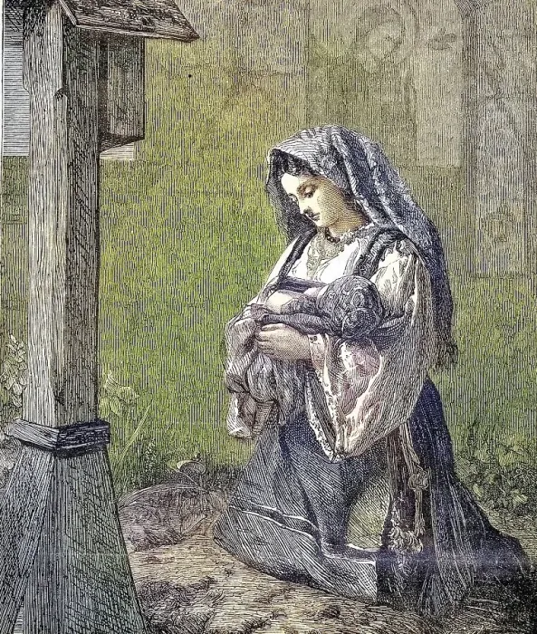 Framed Print : The Young Mother's Prayer for Her Baby in Front of a Cross