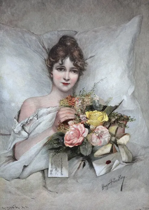 Framed Print : Young woman with a bouquet of flowers
