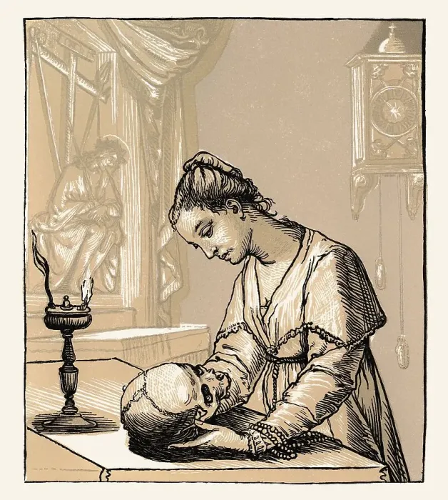 Framed Print : Young woman holding a skull, by Andrea Andreani