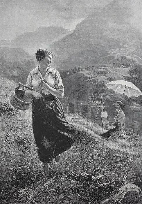 Framed Print : Young woman meets a painter on the alpine pasture