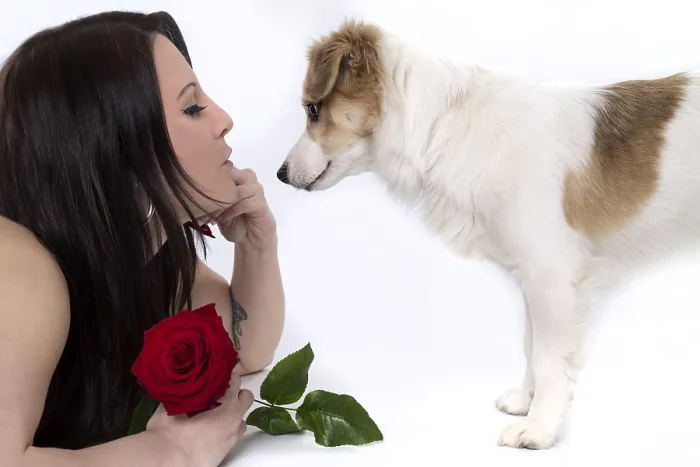 Framed Print : Young woman with a puppy holding a red rose