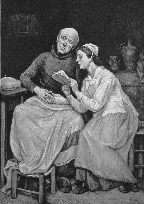 Framed Print : Young woman reading a book to her grandfather