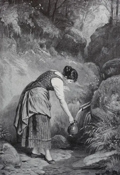 Framed Print : Young woman scooping Easter water at the fountain