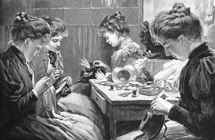 Framed Print : Four young woman sewing at a table