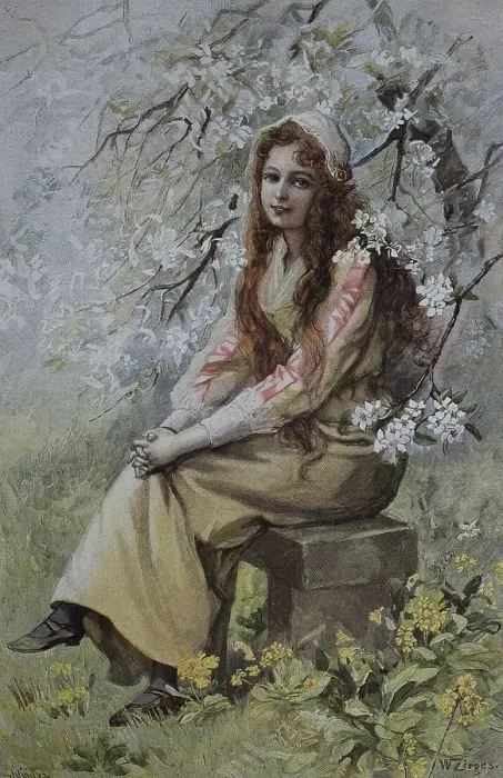 Framed Print : Young woman in the spring, woodcut