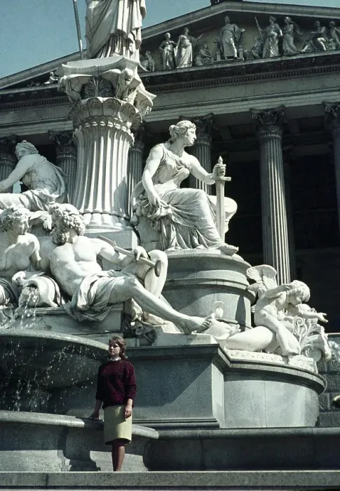 Framed Print : Young woman standing by statue of Pallas Athene, Vienna, Austria, early 1960s, Europe