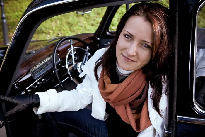 Framed Print : Young woman in a vintage MB vehicle Framed Print : Young woman in a vintage MB vehicle