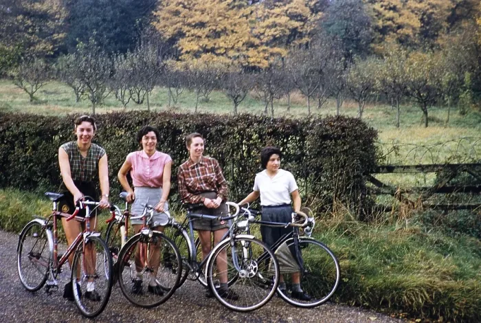 Framed Print : Four young women and their bicycles, cycling club ride in Kent, England, UK 1956