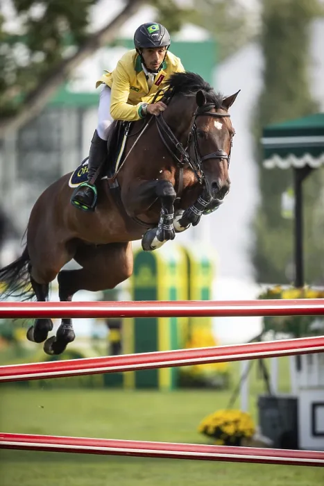 Framed Print : Yuri Mansur of Brazil, riding QH Alfons Santo Antonio competes in the 2025 Spruce Meadows Masters on September 4